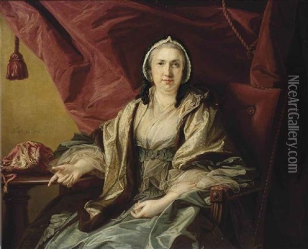 Portrait Of Mrs Brett, Three-quarter-length, In A Blue Dress, Spotted Voile Wrap And Lace Cap, Seated In A Red Chair By A Table, With Her Sewing Bag, A Red Draped Curtain Beyond Oil Painting - Francis Cotes