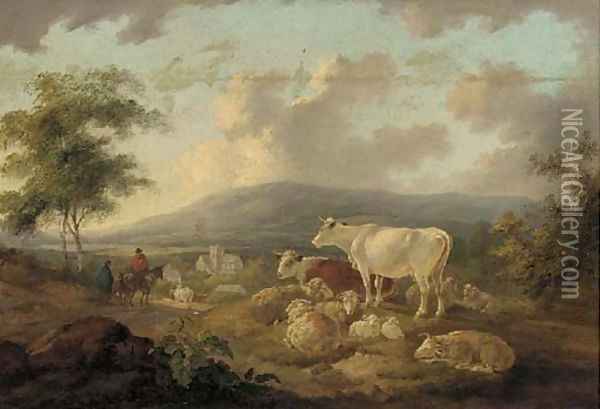 Figures on a track returning to a village, cattle and sheep in the foreground Oil Painting - Peter Le Cave