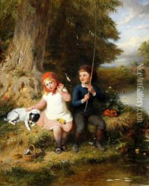 'don't Be Afraid', Children Fishing On A Riverbank Oil Painting - George Bernard O'Neill