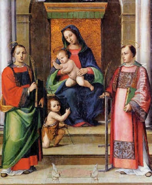 Madonna Col Bambino, San Giovannino, I Santi Stefano E Lorenzo E Due Confratelli Dei Battuti Bianchi Oil Painting - Giacomo Francia
