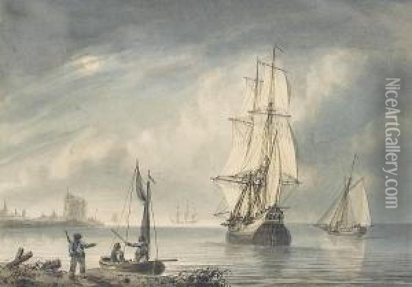 A Bilander And Smaller Craft 
Offshore In A Light Breeze, With An Anchored Three-master Beyond; A 
Frigate Preparing To Anchor In A Swell, With Other Vessels Riding Out 
The Heavy Weather Nearby Oil Painting - Samuel Atkins
