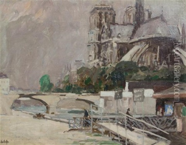 The Seine By Notre Dame Cathedral Oil Painting - George Oberteuffer