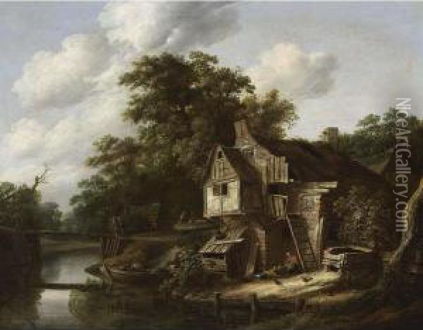 A Farmstead Near A Stream, With A
 Fisherman In A Rowing Boat, A Couple Crossing A Bridge And Figures Near
 A Farm Oil Painting - Cornelius Decker