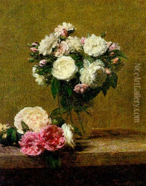 Bouquet De Roses Dans Un Verre Oil Painting - Henri Fantin-Latour