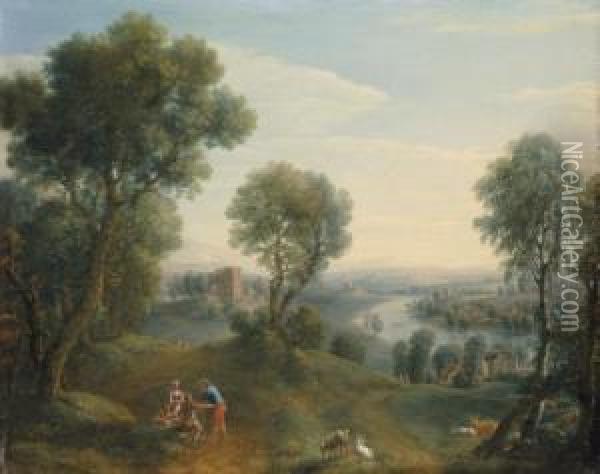 An Extensive River Landscape With Goatherds Conversing Oil Painting - Balthasar Beschey
