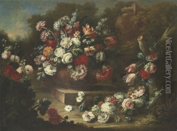 Roses, Tulips, Carnations And Other Flowers In An Urn, With Other Flowers In A Landscape Oil Painting - Gasparo Lopez