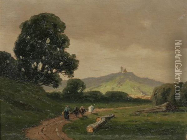 Weite Landschaft Mit Hirtin Auf Dem Heimweg, Im Hintergrund Eine Kirche Auf Einem Berg Oil Painting - Josef Muehlbeck