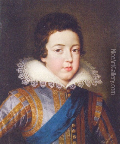 Portrait Of King Louis Xiii Of France In A Gold Embroidered Lilac Doublet With A Blue Sash Oil Painting - Frans Pourbus the younger