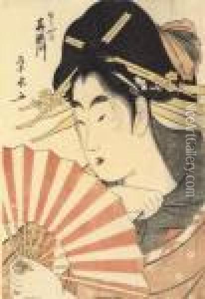 Portrait En Buste De La Courtisane Kisegawa Avec Un Eventail Oil Painting - Chobunsai Eishi