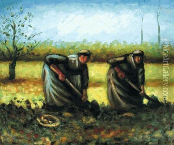 Two Peasant Women Digging Potatoes Oil Painting - Vincent Van Gogh