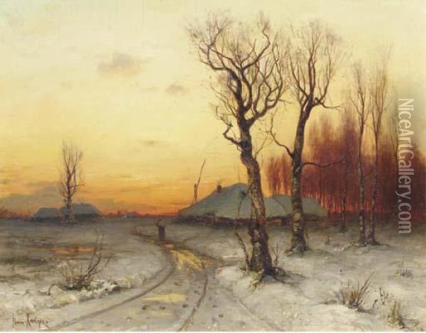 Winter: Snowcovered Farms At Dusk Oil Painting - Iulii Iul'evich (Julius) Klever