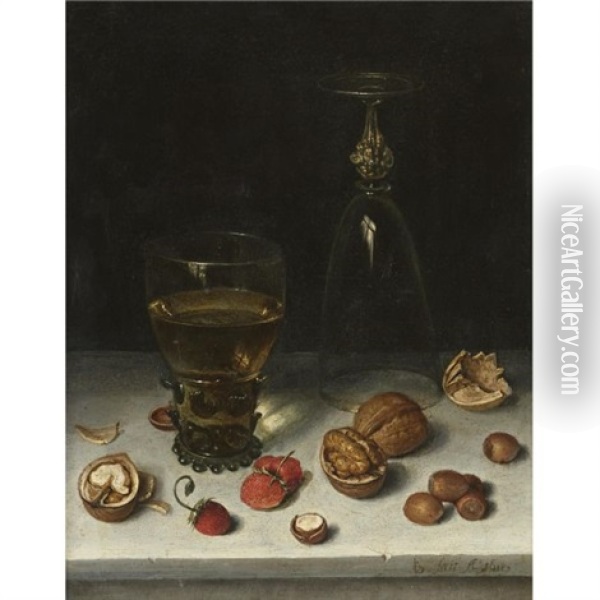 Still Life Of Walnuts, Hazelnuts, Strawberries, A Roemer And An Overturned Wine Glass, All Resting On A Table Oil Painting - Floris Claesz van Dyck