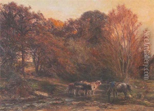Kuhe Und Pferd An Der Tranke Oil Painting - Henri Arthur Bonnefoy