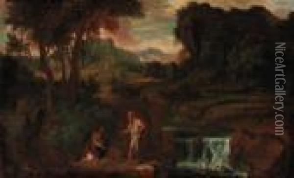An Extensive Landscape With A Woman And Hermit Saint By A Rockyriver Oil Painting - Gaspard Dughet Poussin