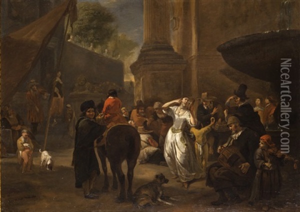 Scena Popolare In Piazza Romana Oil Painting - Hendrick Verschuring