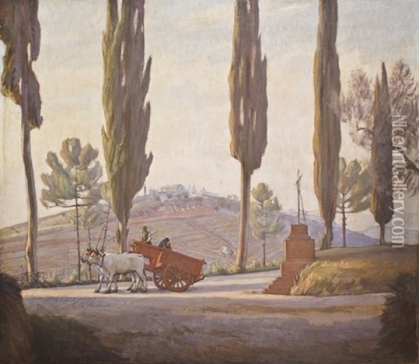 Il Carro Rosso - Campagna Toscana Oil Painting - Pietro D' Achiardi