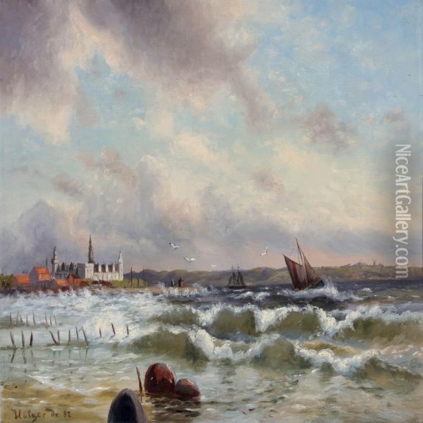 Sailing Boats Along The Coast Of Kronborg Oil Painting - Holger Drachmann