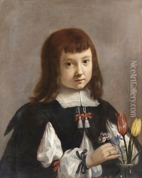 Portrait Of A Young Boy, Half Length, Arranging Flowers In A Vase Oil Painting - Elisabetta Sirani