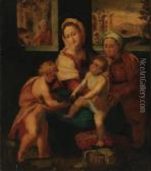 The Holy Family With The Infant Saint John And Saintelizabeth Oil Painting - Raphael (Raffaello Sanzio of Urbino)