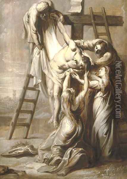 The Descent from the Cross; en grisaille Oil Painting - Erasmus II Quellin (Quellinus)