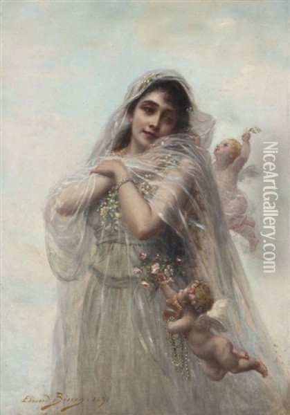 Portrait De Jeune Femme Et Angelots Oil Painting - Edouard Bisson