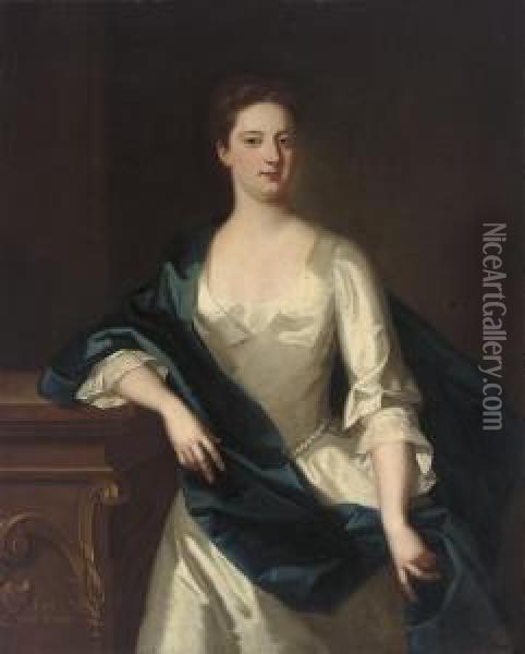 Portrait Of Lady Anne Furnese, 
Three-quarter-length, In An Oystersatin Dress, And A Blue Wrap, Her 
Right Arm Resting On Aplinth Oil Painting - Enoch Seeman
