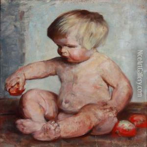 A Nude Boy Playing With Apples Oil Painting - Herman A. Vedel