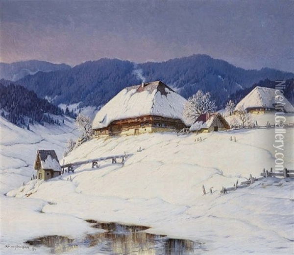 Landscape Near Bernau Black Forest Houses In Winter Landscape Oil Painting - Karl Hauptmann