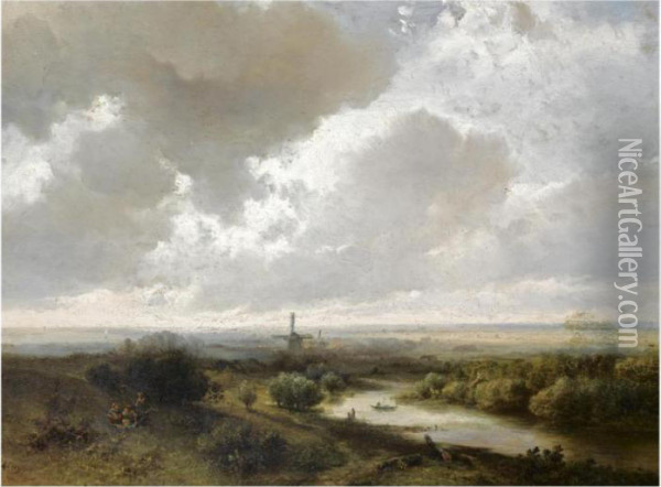 A Panoramic River Landscape Oil Painting - Pieter Lodewijk Francisco Kluyver