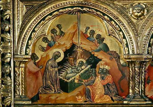 The Adoration of the Magi, panel from the left side of a polyptych from the Church of Santa Chiara, c.1350 Oil Painting - Paolo Veneziano