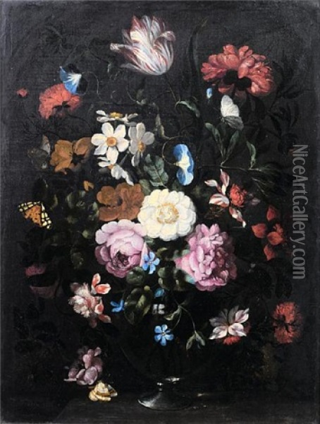Flowers In A Glass Vase On A Table Top (+ Another; Pair) Oil Painting - Jan Peeter Brueghel