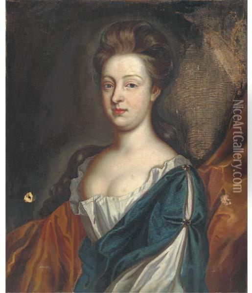 Portrait Of A Lady, Half-length, Wearing A Blue And White Dresswith A Gold Wrap Oil Painting - Sir Godfrey Kneller