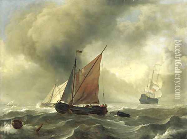 A smalschip in a squall, a Dutch frigate and other shipping beyond Oil Painting - Ludolf Backhuizen