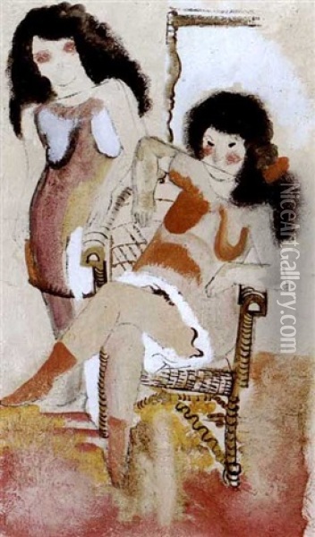Zwei Madchen (+ Mehrfigurige Szene Und Weibliche Akte, Brush And Ink, Verso) Oil Painting - Jankel Adler