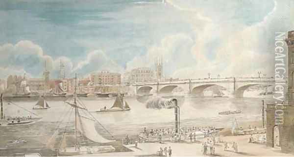 View of London Bridge from the North Bank at Custom's house Quay, looking south, showing St.Olave's, Tooley street Oil Painting - Gideon Yates