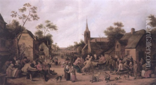 Street Scene With Villagers Feasting And Conversing Outside Their Houses, A Church To The Right With A Crowd Oil Painting - Joost Cornelisz. Droochsloot