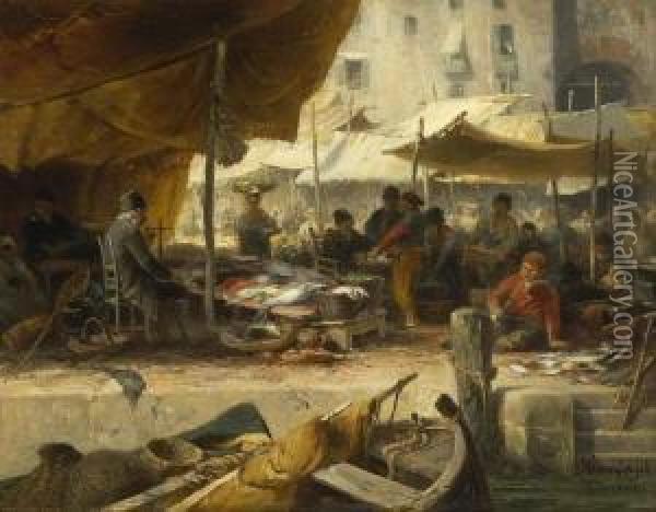 Fischmarkt In Venedig. Oil Painting - Albert Kappis