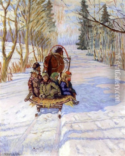 Children On A Sleigh Oil Painting - Nikolai Petrovich Bogdanov-Bel'sky