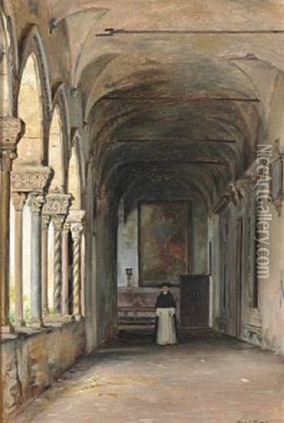A Dominican Friar In A Colonnade In A Monastery Oil Painting - Martinus Christian Wesseltoft Rorbye