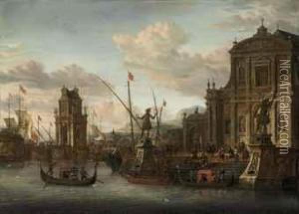 A Capriccio Of A Mediterranean Harbour With A Dutch Ship At Anchor,a Churchyard With A Classical Column On The Embankment, Figuresdescending To The Beach The Steps Of A Baroque Church Oil Painting - Jacobus Storck