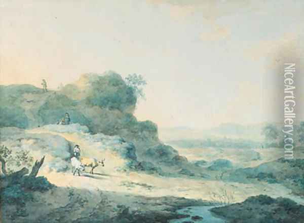 Travellers and a herdsman with cattle on a hilly road Oil Painting - Dutch School