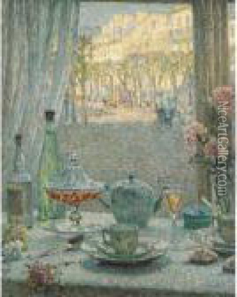 La Table Pres De La Fenetre, Reflets Oil Painting - Henri Eugene Augustin Le Sidaner