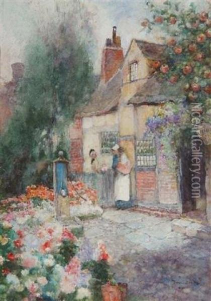 Two Ladies Gossiping Over A Fence Outside A Cottage With Well Oil Painting - David Woodlock