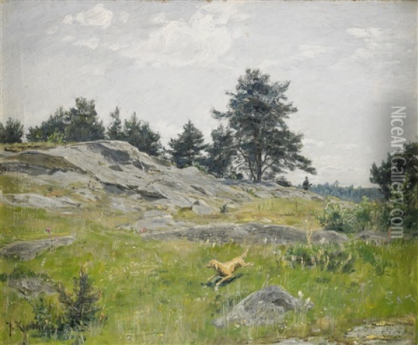 Sommarlandskap Med Jagare Och Hund Oil Painting - Johan Fredrik Krouthen