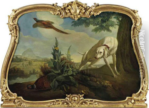 An Extensive Landscape With A Hound Flushing Pheasants Oil Painting - Alexandre-Francois Desportes