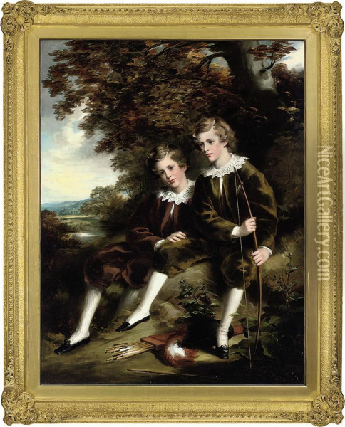 Portrait Of Charles And Terrell Garnett Of Undercliffe House,
Bradford, Full-length, In A Landscape Oil Painting - Isaac Faulkner Bird