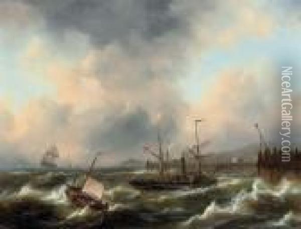 A Paddle Steamer On Rough Water Oil Painting - Govert Van Emmerik