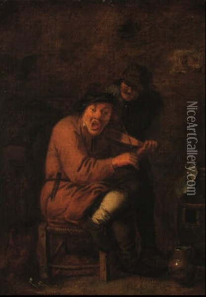 The Sense Of Hearing: A Boor Singing To The Sound Of A Violin Oil Painting - Adriaen Brouwer