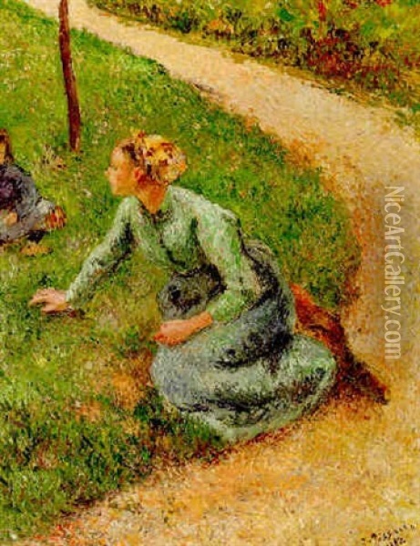 Paysanne Ramassant De L'herbe Oil Painting - Camille Pissarro