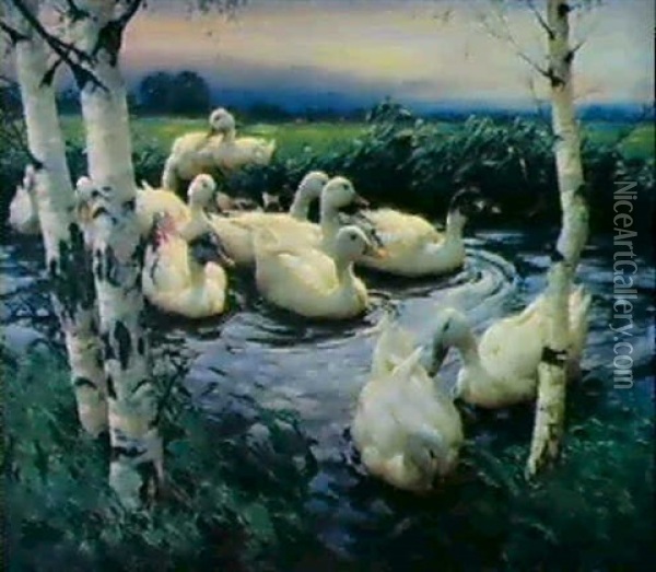 Dreizehn Enten Im Teich Unter Birken Oil Painting - Alexander Max Koester